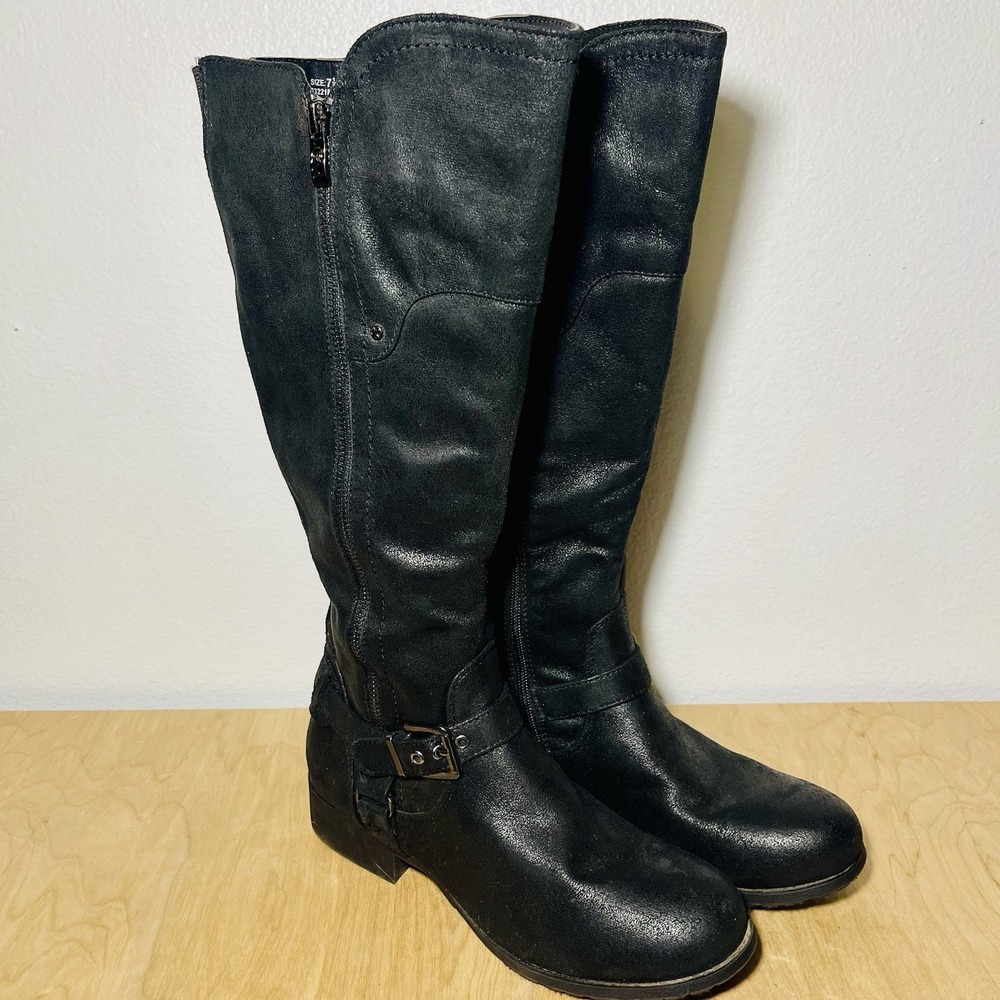 Chelsea Moreland Tall Boots Knee High Black Zipper Stretch Panel Biker Size 7.5